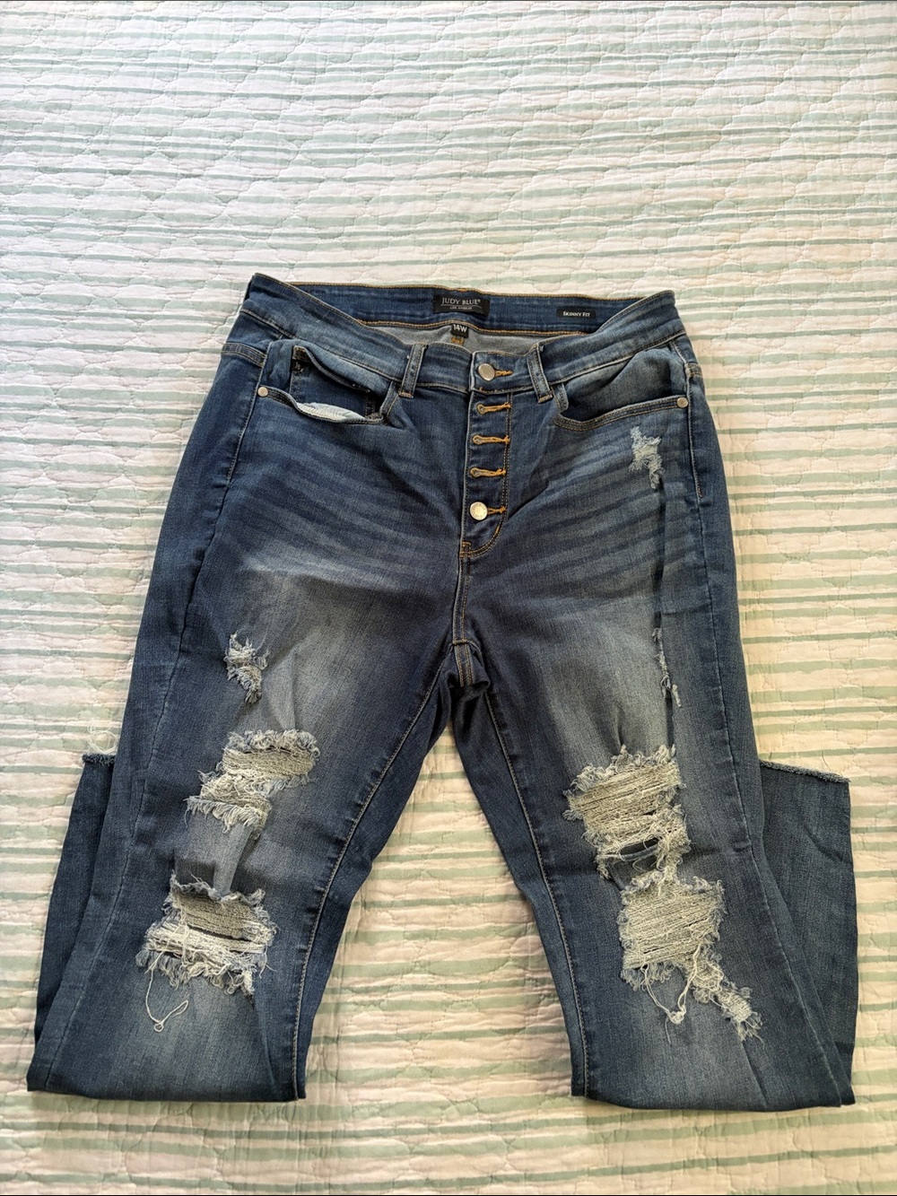 Judy Blue Dark Blue Ripped Skinny Jeans with Button Fly Skinny Fit